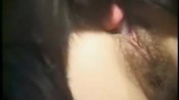 Voluptuous dark-haired woman is eagerly performing oral on the throbbing erection of a black man in hunter gear