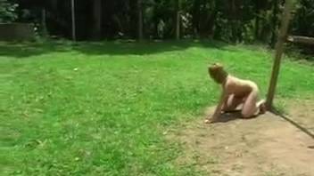 Slender youthful blonde girl blows a cum-filled dick of a lustful small horse